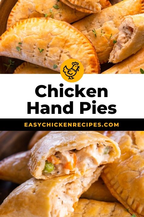 These easy chicken hand pies are a pocket full of yum! Each pie has a creamy chicken pot pie filling nestled in a crispy store-bought pie crust, making for the ultimate comforting finger food. Pop over to my site for the recipe! Hand Pies Chicken, Hand Chicken Pot Pies, Empanada With Pie Crust, Chicken Pot Pie Pockets Easy, Chicken Pot Pie Appetizers, Chicken Pasty Puff Pastries, Hand Meat Pies Recipes, Pie Crust Recipes Dinner, Handheld Chicken Pot Pie