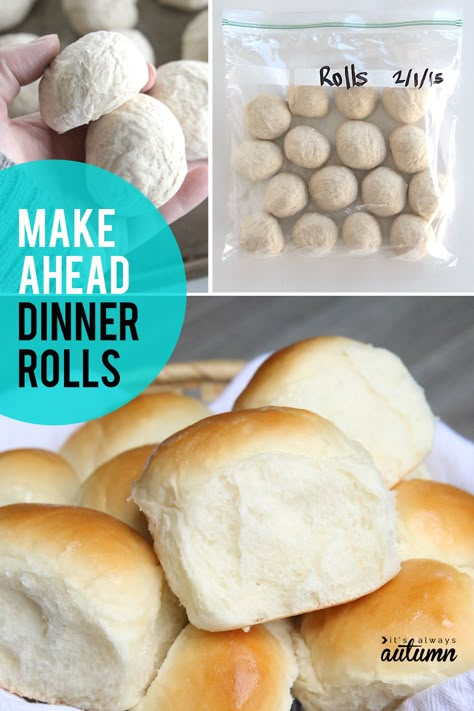 Make ahead dinner rolls recipe! How to make roll dough in advance and freeze it to bake later. Perfect for holiday dinners! #itsalwaysautumn #dinnerrolls #rollsrecipe #makeaheadrolls #freezerrolls Freezer Desserts Make Ahead, Make Ahead Dinner Rolls, How To Make Rolls, Easy Holiday Baking, Frozen Dinner Rolls, Rolls Easy, Freezer Dinners, Freezer Recipes, Freezer Friendly Meals