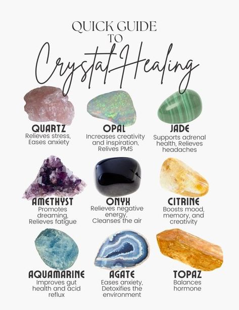 Here's a quick guide to healing crystals: Stone Crystal Meanings, Healing Crystals Guide, Geode Crystals Meaning, Brucite Crystal Meaning, What Do Crystals Do, Crystal Meanings Witchcraft, Witchcraft Crystal Guide, Crystal Healing Aesthetic, Different Crystals And Their Meanings