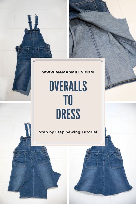 Photographed step by step easy overalls to dress sewing tutorial. Repurposed Overalls, Overalls Diy, Tulle Dress Diy, Diy Overalls, Denim Jumper Skirt, Maternity Overalls, Easy Clothing, Mens Overalls, Dress Sewing Tutorials