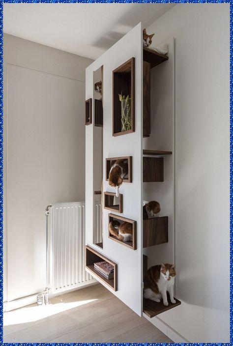 Built In Shelves Living Room Asymmetrical, Cat Wall House, Hidden Cat Door In Door, Modern Cat Room, Unique Cat Furniture, Wall Mount Cat Furniture, Built In Cat Tree, Cat Room Office, Cat Feeding Area Ideas