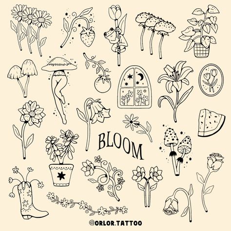 new mushroom and flower handpoke flashsheet! 🍄 🌷 really excited for these! available now to tattoo :) happy to include some of these in my 3 for £150 deal so just ask me about which ones you’re interested in! available in black or colour! swipe for colour options but can do any colours you like. we can also do these designs with shading too and I can edit any design slightly for you as well. and I can do any word in the “bloom” style message or use my booking form to book yours 🥳 evenings... Interesting Design Ideas, Garden Flash Tattoo, Flash Tattoo Mushroom, Lil Mushroom Tattoo, Small Scattered Tattoos, 3 Flower Tattoo, Mushroom Tattoos Simple, Cute Mushroom Tattoo, Simple Flash Tattoo