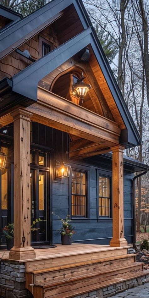 Front Porch Beams Timber Frames, New House Siding Ideas, Rustic Curb Appeal, Log Cabin With Black Trim, Covered Porch Ideas Front Entrance, Front Porch Construction Ideas, Moody Front Porch, Entry Addition, Curb Appeal Porch