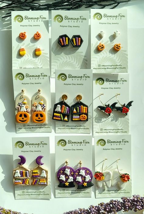 Fallo-ween Collection 2024 made special  for you! Handmade by me from scratch using high quality Polymer Clay.  Perfect for upcoming Fall/ Halloween/Spooky season. Give as a gift  or treat yourself.  Fun and unique lightweight earrings. For exact measurements please contact me. Fall Leaves Polymer Clay Earrings, Polymer Halloween Ideas, Horror Movie Clay Crafts, Polymer Clay Halloween Jewelry, Polymer Clay Book Earrings, Clay Scarecrow, Polymer Clay Fall Earrings, Polymer Clay Halloween Earrings, Halloween Polymer Clay Earrings