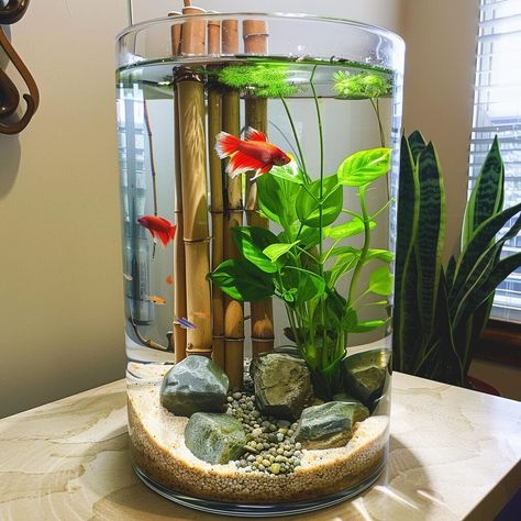 10 betta fish bamboo vase ideas [For inspiration] – Acuario Pets Fish Bowl In Bedroom, Aquarium House Ideas, Betta Vase With Plant, Office Fish Tank Ideas, Fish Bowls With Plants, Pet Fish Ideas, Peace Lily Beta Fish Vase, Beta Bowl With Plant, Clear Fish Tank