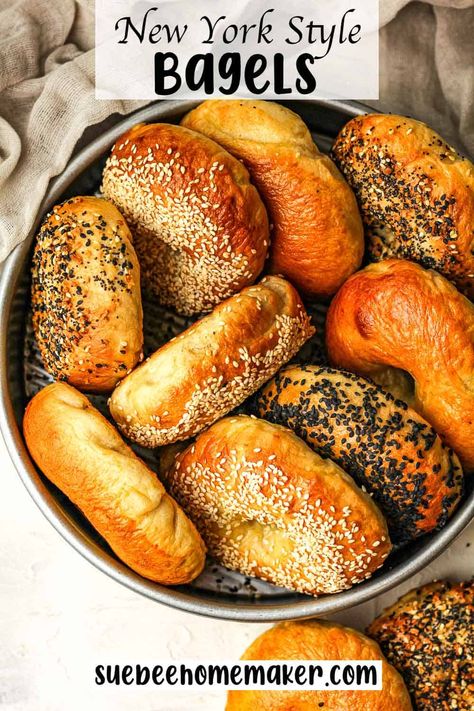 Homemade New York Style Bagels are large and chewy, achieved through a brief boiling process. These bagels are made with simple ingredients including yeast, sugar, water, bread flour, and salt, and are often topped with sesame seeds or everything bagel seasoning! Garlic Sourdough Bread, Garlic Sourdough, New York Style Bagels, Water Bread, Sesame Bagel, Bagel Bread, New York Bagel, Everything Bagel Seasoning, Best Bagels