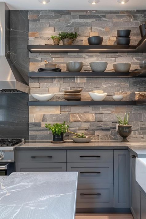 Chic Backsplash Ideas for Grey Cabinets Revealed Grey Cabinets Backsplash Ideas, Kitchen Backsplash With Gray Cabinets, Gray Cabinets Black Countertops, Backsplash With Grey Cabinets, Dark Gray Backsplash, Morning Room Ideas, Flat Front Cabinets, Sofa Scandinavian Style, Interior Design Crafts