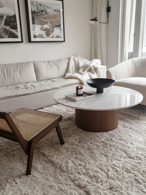 Modern Chic Coffee Table, Cream Colored Coffee Table, Marble Wood Living Room, Round Marble Wood Coffee Table, Round Coffee Marble Table, Coffee Table Scandinavian Living Rooms, Coffee Table White Marble, Coffee Table Round Marble, Marble Circular Coffee Table