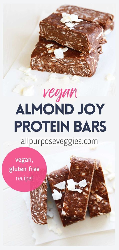 Vegan Coconut Chocolate "Almond Joy" Protein Bars Recipe - All Purpose Veggies Almond Joy Candy Bars, Protein Bars Recipe, Almond Joy Candy, Protein Snacks Recipes, Homemade Snacks Recipes, Chocolate Protein Balls, Coconut Protein, Vegan Protein Bars, Protein Bar Recipes