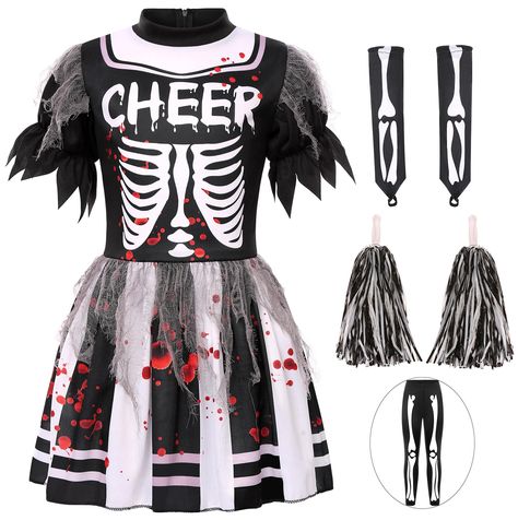 PRICES MAY VARY. Includes :1*Zombie Skeleton Cheerleader Dress,2*Skeleton sleeves,1*Skeleton leggins,2*Pom Poms. Girls Zombie Skeleton Dress Design:Our Girls Zombie Skeleton Dress is the perfect blend of Scary Zombie and Skeleton elements, perfect for Halloween.Let your child cheer in the streets on Halloween night in this Zombie Skeleton Costume and provide your child with a memorable Halloween experience! Size：4 sizes available,Suitable for 3-10 Years girls Quality Material:The Zombie Skeleton Skeleton Cheerleader, Girls Zombie Cheerleader Costume, Zombie Cheerleader Costume, Christmas Masquerade, Zombie Cheerleader, Zombie Skeleton, Trick Or Treat Costume, Skeleton Dress, Scary Zombie