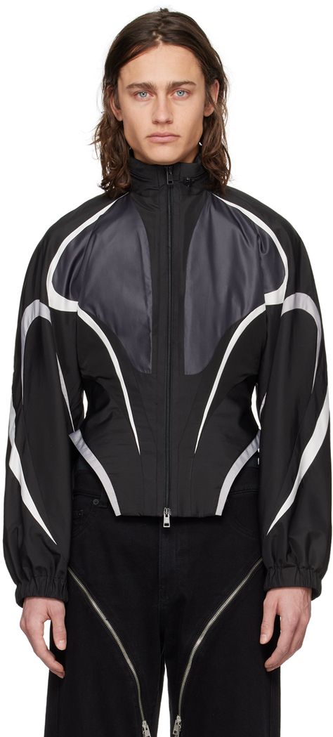 Recycled polyester taffeta jacket. Reflective panels throughout. · Paneled construction · Stowaway hood at mock neck · Two-way zip closure · Darts at waist · Corset-style hem · Raglan sleeves · Elasticized cuffs · Zip pocket at interior · Mesh lining Supplier color: Black/Black Led Jacket, Mugler Black, Athleisure Jacket, Taffeta Jacket, Corset Looks, Athleisure Men, Mens Black Jacket, Reflective Jacket, Waist Corset