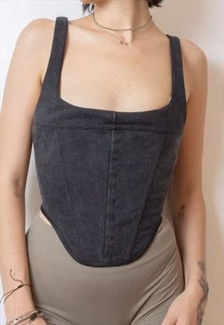 Reworked black denim corset | Maria Jovrea | ASOS Marketplace Puffy Sleeves Shirt, Black Denim Corset, Black Denim Vest, Reworked Denim, Thrift Flip, Denim Ideas, Denim Corset, Recycled Jeans, Old Jeans