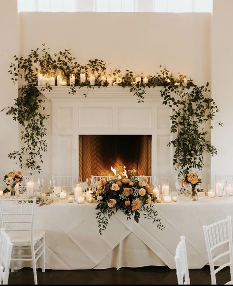 Floral Fireplace Wedding, Wedding Fireplace Candles, Candle Mantle Decor Wedding, Flowers On Mantle Wedding, Fireplace Mantle Decor For Wedding, Mantle Greenery Wedding, Fireplace Greenery Wedding, Fireplace Mantle Flowers Wedding, Mantle Floral Arrangements Wedding