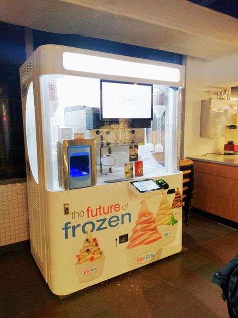 The machine’s indicated operating hours are 4:00 a.m. to 12:00 a.m. daily. Frozen yogurt (robot) machine installed on second floor of student center at MIT, January 2020 Frozen Yogurt Pops, Frozen Yogurt Machine, Food Vending Machines, Robot Machine, Yogurt Pops, Frozen Yogurt Shop, Ice Cream Design, Cream Design, Student Center