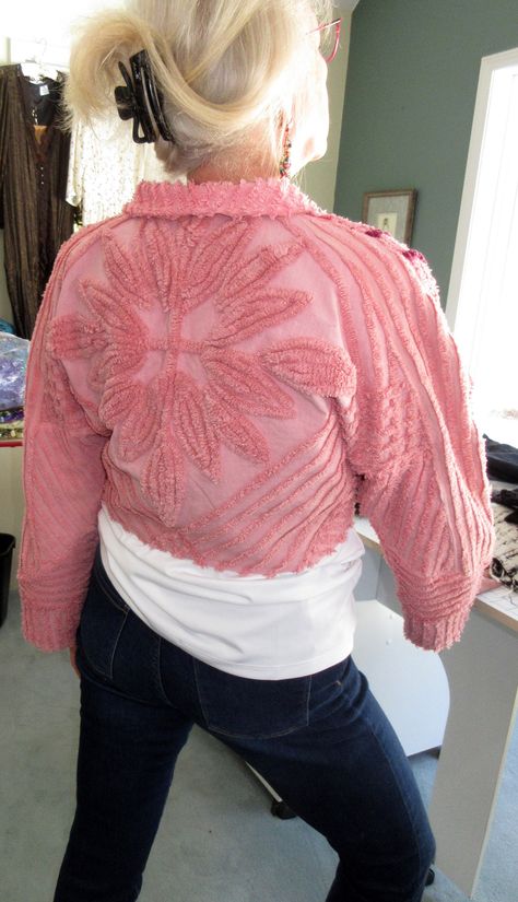 "Sweet Vintage chenille women's dusty rose shorty jacket, fully lined with coco poly lining/vintage button. Size Small jacket measures: bust 36/38, shoulder tip to tip 16\" to 17\", raglan sleeve 22\" to 23\", length from back neckline 17\" Made in America by ME!" Chenille Jacket, Small Jacket, Quilt Coat, Vintage Chenille, Chenille Bedspread, Beaded Jacket, Vintage Button, Handmade Clothes, Vintage Colors