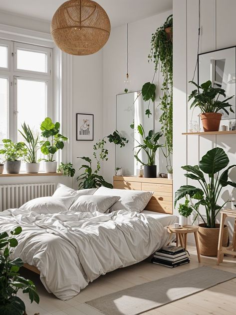 All White Room With Plants, Bedroom Plants And Greenery Ideas, Plant Filled Bedroom, Bedroom With White Bed, Scandinavian Cabin Interior, Window Sill Plants, Cabin Interior Ideas, Bedroom With Plants, Decorated Bedroom