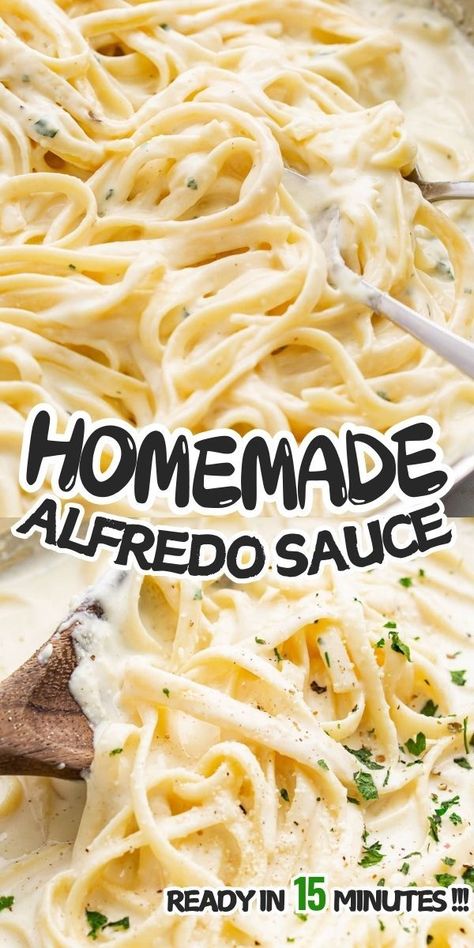 This easy 15-minute recipe makes the best, rich and creamy homemade Alfredo sauce loaded with delicious garlic and Parmesan flavors. Pair it with fettuccine and chicken for a classic Alfredo pasta dish or mix and match with your favorite pasta and protein combinations. Chicken Alfredo Sauce Recipe, Fettuccine Alfredo Sauce Recipe, Easy Chicken Fettuccine Alfredo, Parmesan Alfredo Sauce, Homemade Alfredo Sauce Recipe, Fettuccine Alfredo Sauce, Easy Pasta Recipes Quick, Alfredo Sauce Easy, Chicken Alfredo Sauce