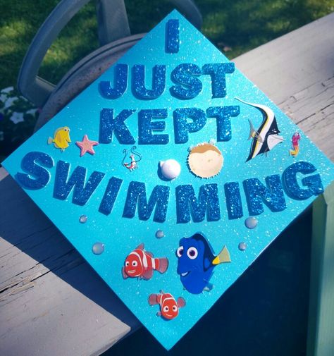 Just finished my grad cap in honor of Finding Dory Weekend! Dory Senior Parking Spot, Finding Nemo Cap Decoration, Inside Out Grad Cap, See Ya Later Dudes Graduation Cap Nemo, Ocean Themed Graduation Caps, Just Keep Swimming Grad Cap, Graduation Cap Pictures, Graduation Cap Designs College, Funny Graduation Caps