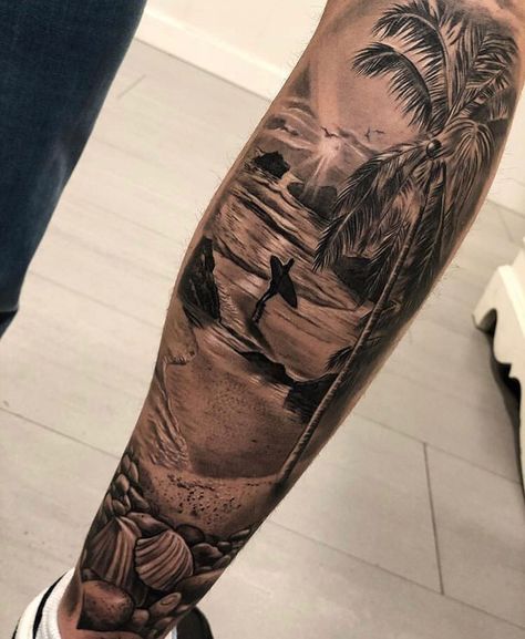 Strand Tattoo, Beach Theme Tattoos, Tropical Tattoo, Surf Tattoo, Sunset Tattoos, Palm Tattoos, Men Tattoos Arm Sleeve, Forarm Tattoos, Forearm Sleeve Tattoos