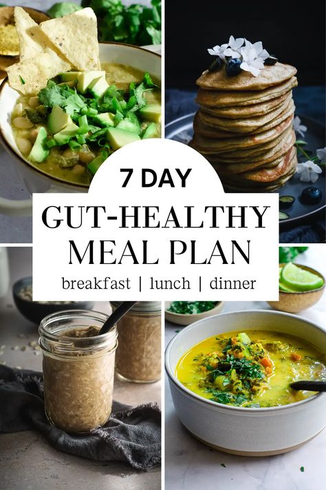 Start a fresh week with this simple-to-follow 7-day gluten and dairy-free gut-healthy meal plan. You can easily mix and match the recipes as you would like. #guthealthymealplan #glutenanddairyfreemealplan #glutenfreemealplan #healthymealplan Meal Plan To Heal Your Gut, Gut Meal Plan, 7 Day Cleanse Meal Plan, Gut Healing Diet Plan, Healthy Gut Meal Prep, Gut Food Healthy, Gut Friendly Crockpot Recipes, Grocery List For Gut Health, Paleo Gut Healing Recipes