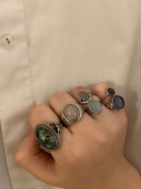 rings, vintage, aesthetics Silver Vintage Rings Aesthetic, Bulky Rings Aesthetic, Chunky Vintage Rings, Gemstone Rings Aesthetic, Rings On Hand Aesthetic, Silver Rings Aesthetic Vintage, Whimsigoth Rings, Vintage Rings Aesthetic, Chunky Rings Aesthetic