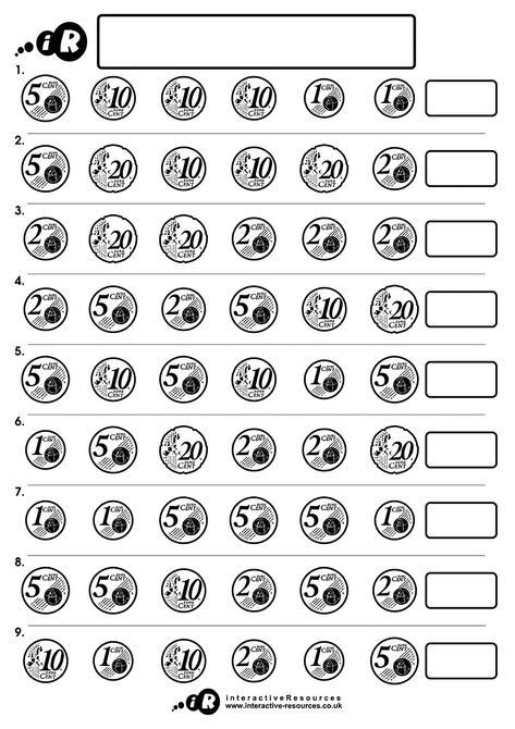 Teaching Money (Euro): How Much? (Using coins up to 20c) Free Teaching Money Worksheets to support the Maths games on https://www.interactive-resources.co.uk Money Euro, Money Math Worksheets, Euro Money, Teaching Money, Maths Games, Money Math, Money Worksheets, Money Change, Counting Money