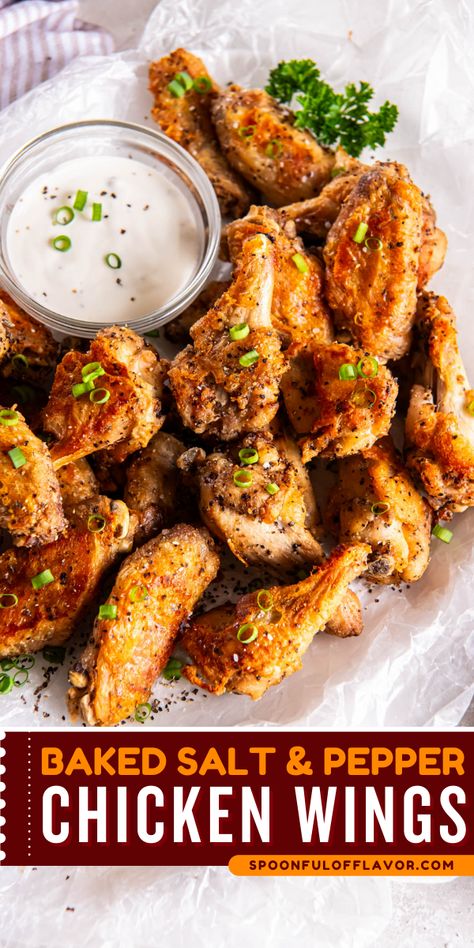 Baked Salt and Pepper Chicken Wings are incredibly crispy with a simple salt and pepper seasoning. They only require 15 minutes of prep before baking them in the oven! Salt Pepper Wings Oven Baked, Salt N Pepper Wings, Oven Baked Salt And Pepper Chicken Wings, Quick And Easy Chicken Wings Oven Baked, Salt Pepper Chicken Wings, Salt And Pepper Wings Oven, Keto Chicken Wings Oven Baked Crispy, Salt And Pepper Wings Recipe, Chicken Wings In The Oven Crispy