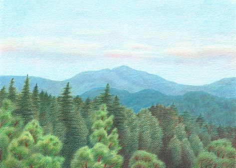 morning landscape drawing of evergreen forest with mountain ranges in the background Landscape Art Colored Pencil, Colored Pencil Mountains, Colored Pencil Drawing Landscape, Color Pencil Landscape, Landscape Colored Pencil, Colored Pencil Landscape, Colour Pencil Art Landscapes, Pencil Sketches Landscape, Drawing Landscapes