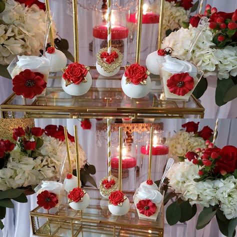 Red, White & Gold Dessert Table 💕Delicious Cakepops & Tres Leches #weddingdecor #weddingideas #wedding #weddingcake #redandgoldwedding… Red And Gold Dessert Table Ideas, Red Roses Dessert Table, Red And White Wedding Dessert Table, Red Quince Dessert Table, Red And White Dessert Table, Red And Gold Dessert Table, White Gold Dessert Table, Red Dessert Table, Red And Gold Quinceanera Decorations