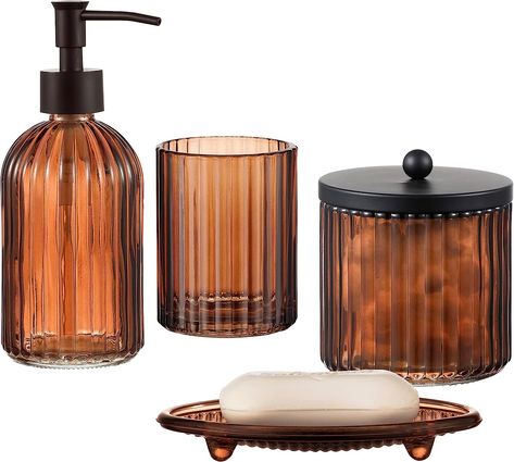 4PCs Heavy Weight Decent Glass Bathroom Accessories Set with Decorative Pressed Pattern - Includes Hand Soap Dispenser & Tumbler & Soap Dish & Toothbrush Holder (Brown) : Amazon.ca: Home Brown Glass Bathroom Accessories, Glass Bathroom Accessories, Bathroom Accessories Set, Hand Soap Dispenser, Bathroom Counters, Brown Bathroom, Bathroom Accessory Sets, Downstairs Bathroom, Gold Bathroom