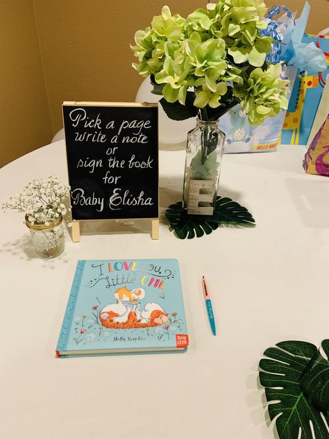 Guest Book For Baby Shower Ideas, Baby Shower Book Signing, Sip And See Baby Shower Ideas, Baby Shower Stations, Display Baby Shower Ideas, Baby Shower Sign In Ideas, Baby Shower Guest Book Ideas, Baby Shower Guest Books, Baby Shower Guest Book Sign