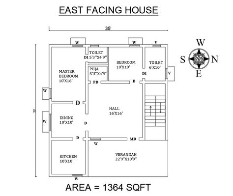 35'x39' feet East facing 2BHK house plan The Buildup area of this house plan is 1364 sqft. this shows master bedroom with attached toilet children's bedroom with attached toilet is northwest. kitchen placed in the southeast. The Dining room near Puja room, Hall,verandah, Staircase direction. Download for AutoCAD file 35×40 House Plan East Facing, 2 Bhk Plan Layout, 2bhk House Plan 1000sqft, 30×35 House Plan East Facing, 30 30 East Facing House Plans, 35×35 House Plan, 1000 Sqft House Plans 2 Bedroom, East Facing House Plan Vastu With Puja Room, 35×40 House Plan