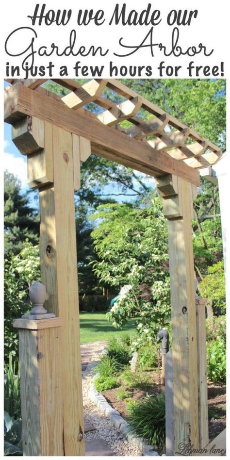 When we decided to create our sunken brick patio one thing that I really wanted to add was a wooden arbor entrance from the garden.  Our wooden arbor does a wonderful job of making this outdoor space feel more like an outdoor room.   This wooden arbor was Arbor Entrance, Diy Arbour, Truck Garden, Taman Diy, Wooden Arbor, Arbors Trellis, Alpine Plants, Garden Arbor, Garden Entrance