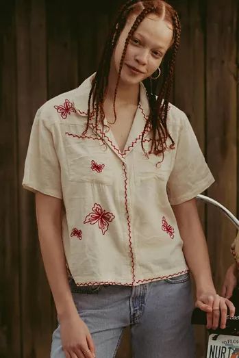 Cross Roads Collection | Urban Outfitters | Urban Outfitters Souvenir Shirt, Fancy Shirt, Mexican Fashion, Embroidery Top, Leopard Print Blouse, Urban Outfitters Tops, Crop Blouse, Boho Blouses, Cut Shirts