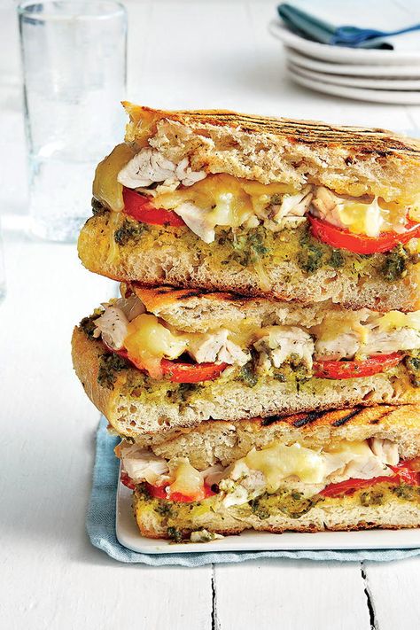 Chicken and Fontina Panini | Perfect for lunch or dinner, this panini uses rotisserie chicken to come together in just 15 minutes. #dinner #recipes #easy #meals #southernliving Eggplant Bacon, Leftover Chicken Recipes Easy, Easy Packed Lunch, Eggplant Sandwich, Panini Recipes, Leftover Chicken Recipes, Grilled Sandwich, Leftover Chicken, Pesto Sauce