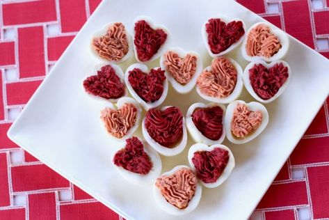 Heart shaped Red Beet Deviled Eggs Beet Deviled Eggs, Red Beets Recipe, Pickled Deviled Eggs Recipe, Healthy Deviled Eggs Recipe, Healthy Deviled Eggs, Devilled Eggs Recipe Best, Dinner Menu Ideas, Avocado Deviled Eggs, Peeling Hard Boiled Eggs