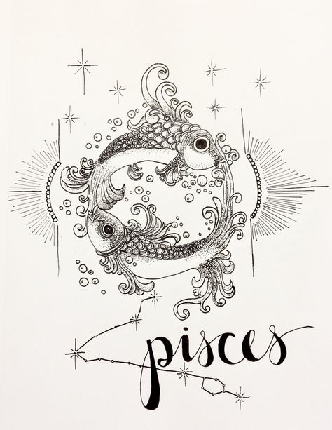 Pisces Sketch Art, Picies Zodiac Drawings, Pisces Drawing Zodiac, Astrology Sketches, Picies Zodiac Tattoo, Pisces Drawing, Zodiac Drawings, Drawings Sketches Pencil, Astrology Illustration