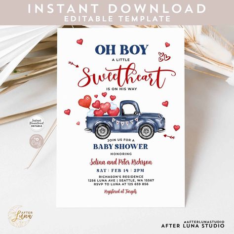 Editable Boy Sweetheart Valentine Baby Shower Invitation Blue Truck Valentine Shower Invitation Template Instant Download 856V1 1 - Etsy Valentine Baby Shower Invitations, Valentine Baby Shower, Baby Shower Garcon, Couples Baby Shower Invitations, Valentines Baby Shower, Gender Reveal Party Invitations, Bumble Bee Baby Shower, Sprinkle Invitations, Blue Truck