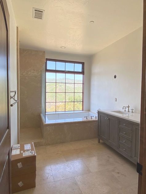 Bathroom Remodel With Beige Tile Floor, Master Bath With Travertine Floors, Travertine Bathroom Floors Color Schemes, Brown Travertine Bathroom, Updating Travertine Bathroom, Travertine Floor Bathroom, Tan Tile Bathroom Update, Travertine Tile Bathroom Update, Update Travertine Bathroom