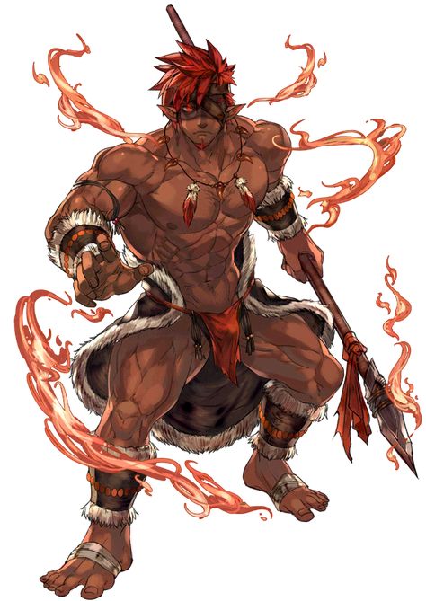 Fire Barbarian, Half Elf Barbarian, Spear Character, Half Elf Male, Half Elf Druid, Elf Barbarian, Barbarian Character Design Male, Tokyo Afterschool Summoners, Half Elf