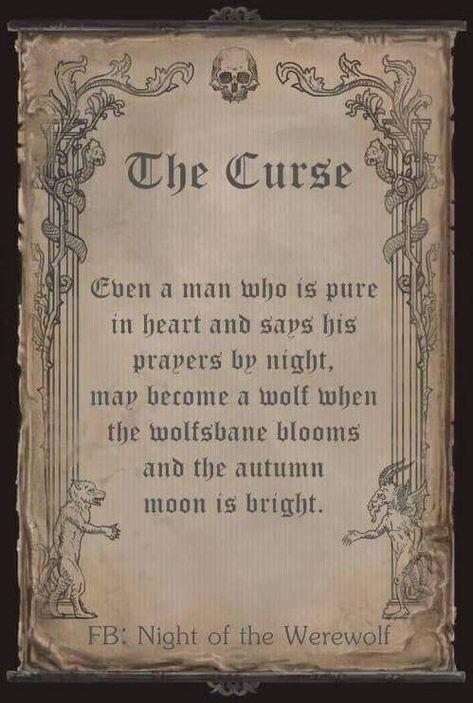 "The Curse - Even a man who is pure in heart and says his prayers by night, may become a wolf when the wolfs-bane blooms and the autumn moon is bright." -Curt Siodmak. Source: The Wolf Man 1941 MOVIE. https://www.imdb.com/title/tt0034398/ Necronomicon Book of Shadows Jumanji Harry Potter Merlin Book of the Dead Spell Books Halloween Goth Make a Book For Fun FICTION NOT REAL @Neferast Werewolf Aesthetic, Under Your Spell, Vampires And Werewolves, The Curse, Spells Witchcraft, Mythological Creatures, Old Book, Spell Book, Book Of Shadows