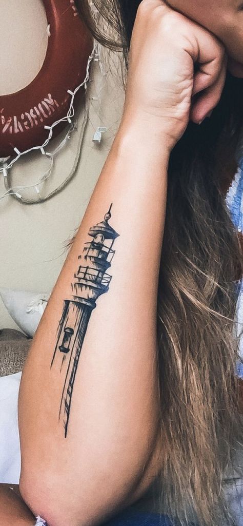 Lighthouse Shin Tattoo, Abstract Lighthouse Tattoo, Black And White Lighthouse Tattoo, Light House Tattoo Design, Bay Area Tattoos, Lighthouse Tattoo Men, Lighthouse Tattoo For Women, Tattoos For Growth And Change, Light House Tattoo