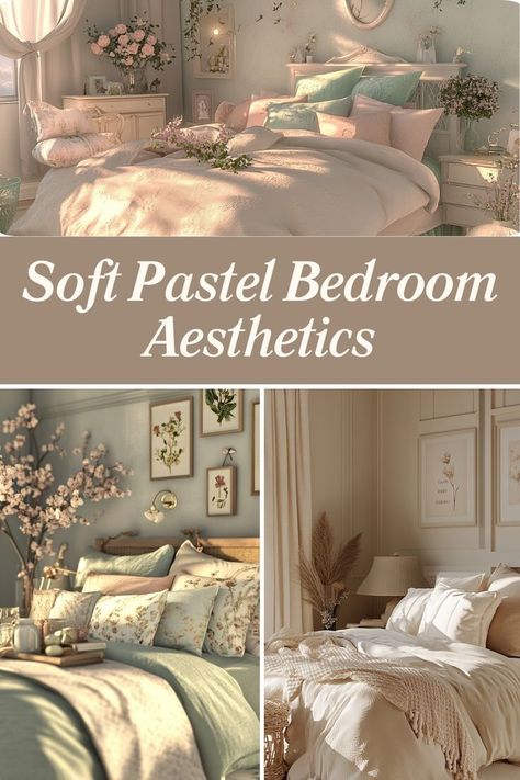 Design a calming bedroom with soft pastel colors and cozy accents for a serene vibe. #PastelDecor #BedroomAesthetics #CozyBedroom Airy Pastel Bedroom, Muted Pastel Bedroom, Calming Bedroom Aesthetic, White And Pastel Bedroom, Cozy Pastel Bedroom, Soft Pastel Bedroom, Minimalist Pastel Bedroom, Pastels Bedroom, Pastel Bedroom Aesthetic