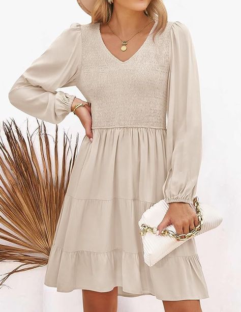 Long Sleeve Smocked High Waist Ruffle A Line Tiered Mini Dress #ad Tiered Mini Dress, Essential Dress, Outfit Inspiration Fall, Interview Outfit, Long Sleeve Short Dress, Casual Dinner Outfit, Spring Dress, Minimalist Outfit, Chic Dress