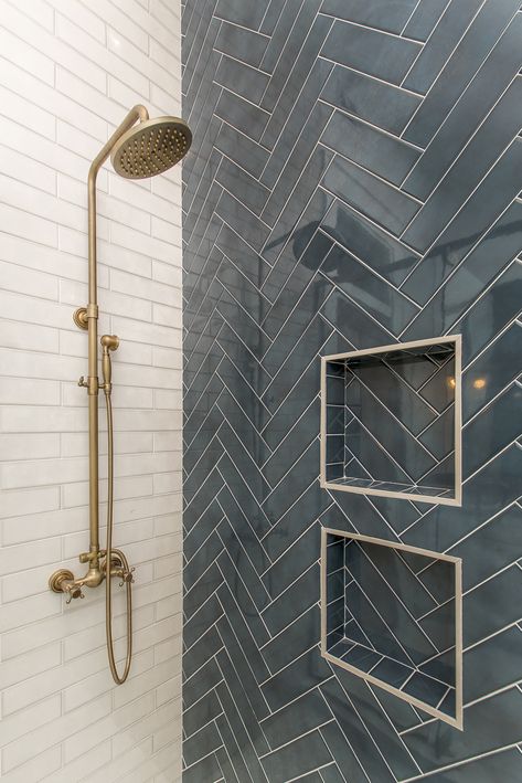 Two Color Tile Shower Ideas, Blue Tile Accent Wall Bathroom, Showers With Tiled Ceilings, Shower Tile Gold Fixtures, Gray Shower Ideas, Colored Tile Bathroom, Shower Accent Wall, Glass Tile Bathroom, Tile Panels