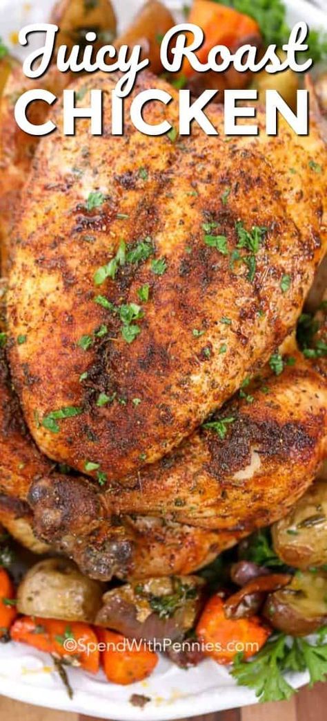 This juicy whole roast chicken is the easiest oven baked chicken recipe ever. We love making this recipe all year around! #spendwithpennies #roastchicken #roastedchicken #wholechicken #wholeroastchicken #chickendinner #chicken Whole Chicken Roasted In Oven, Whole Roasted Chicken Oven, Roast Chicken Whole, Roasted Chicken Whole, Oven Baked Chicken Recipe, Whole Chicken Recipes Oven, Baked Whole Chicken Recipes, Oven Roasted Whole Chicken, Whole Roast Chicken