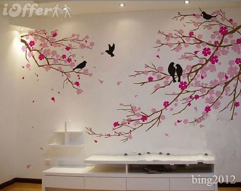 Tree Wall Painting, Simple Wall Paintings, Home Wall Painting, Cherry Blossom Wall Art, Creative Wall Painting, Bird Wall Decals, Diy Wall Painting, Room Wall Painting, Bedroom Wall Designs