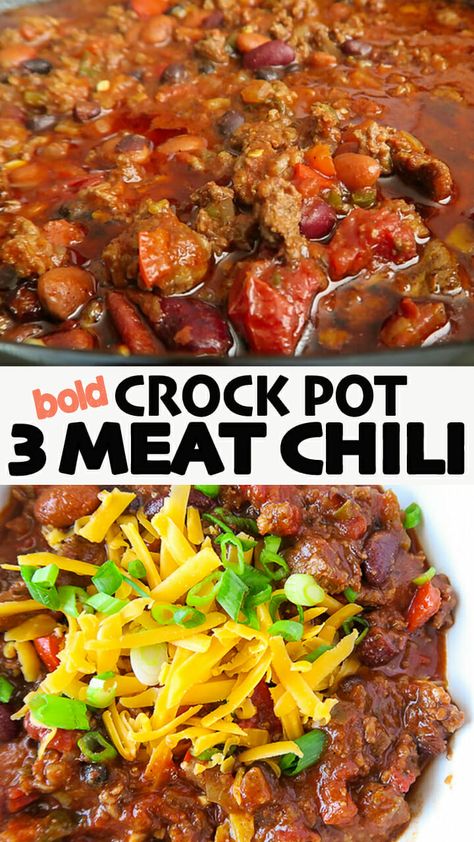 Chili Crockpot Recipes, 3 Bean Chili Recipe, No Meat Chili Recipe, 3 Bean Chili, Best Slow Cooker Chili, Chili Crockpot, Meat Chili, Bean Chili Recipe, Best Chili Recipe