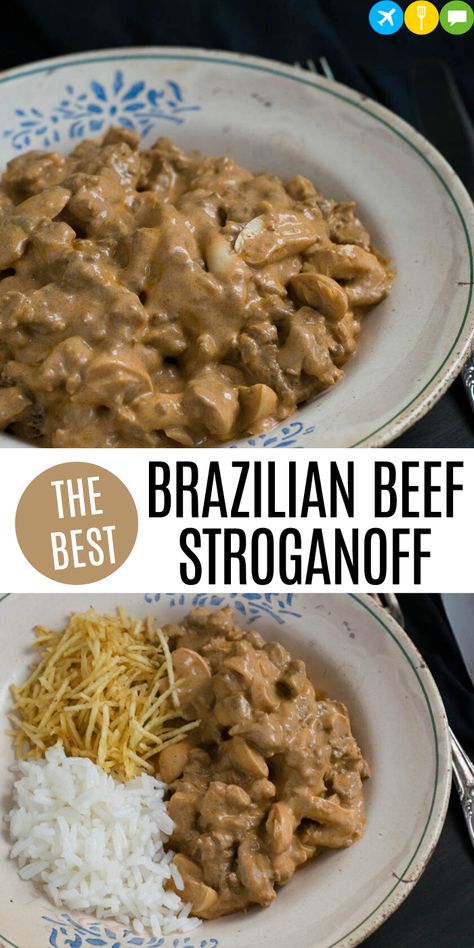 Stroganoff Brazilian, Brazilian Stroganoff, Stroganoff Crockpot, Brazilian Food Traditional, Stroganoff Beef, Beef Stroganoff Crockpot, Brazilian Dishes, Beef Stroganoff Easy, South American Recipes