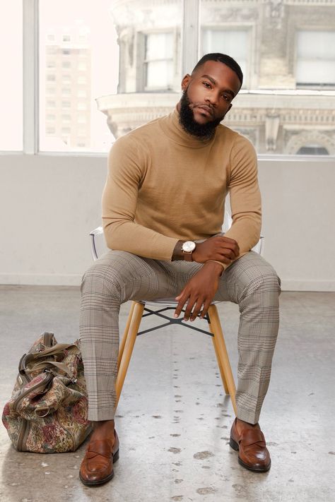 Turtle Next Outfit Men, Tan Sweater Outfit Men, Male Business Casual Outfits, Tan Outfits, Turtleneck Outfit Men, Turtleneck Outfits, Black Men Fashion Urban, Curated Content, Black Men Fashion Casual